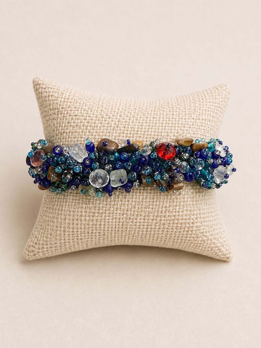 Vintage Blue Beaded Bracelet Handwoven Seed Bead Cuff Mixed Glass Stone Beads